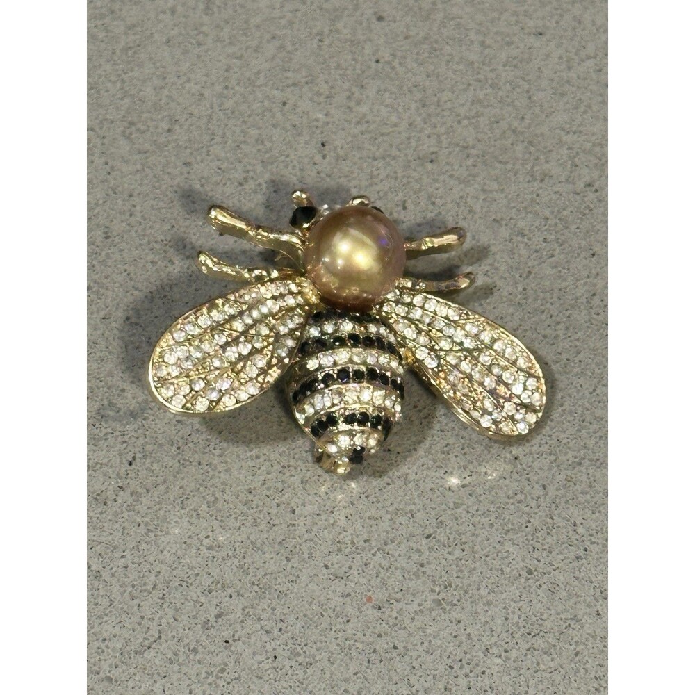 Gold Tone Bumble Bee Brooch Pin Rhinestone Wings Faux Pearl Fashion Statement